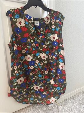 CAbi Olive Floral Sleeveless V-Neck Camisole with Red & Blue Blooms